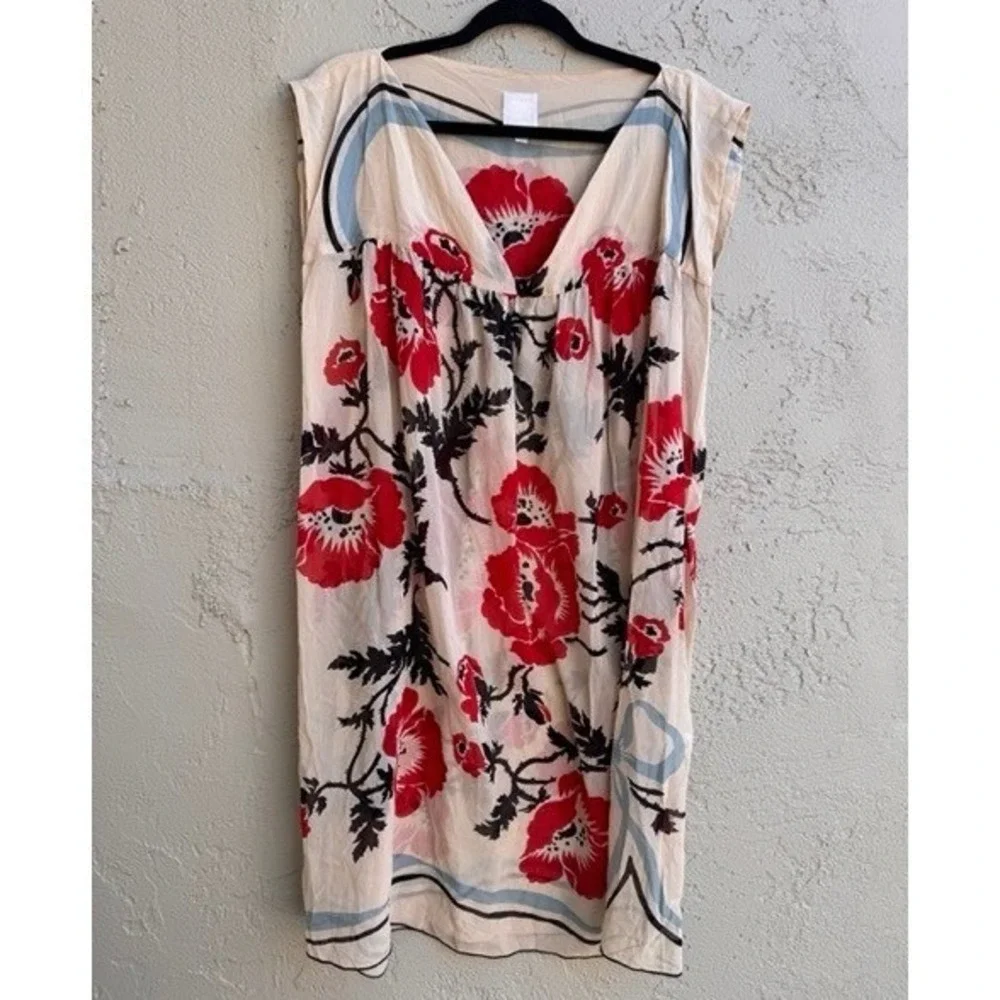 Anna Sui Cream Poppy Floral Sheer Sleeveless Shift Dress SMALL Designer Boho - Picture 1 of 9